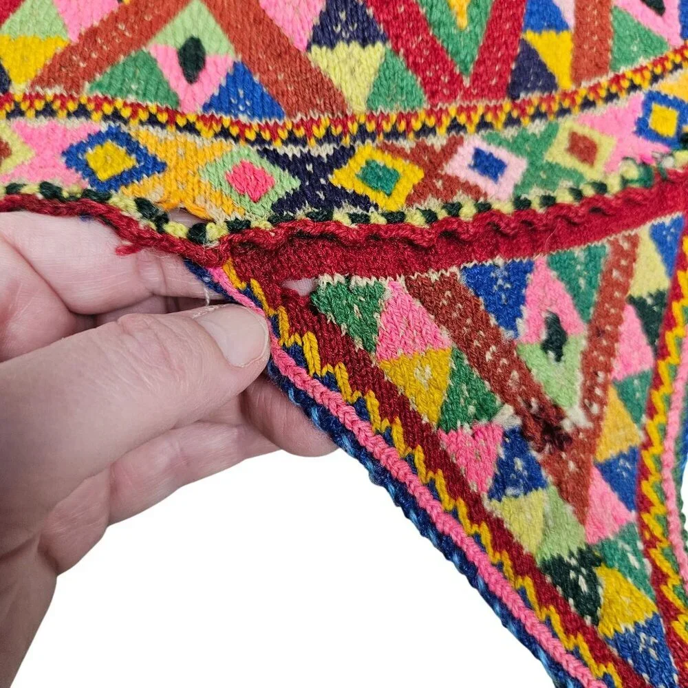 Vintage Hand Knit Tribal Wool Hat Colorful Geometric Patterns Tassels‎ Earflaps